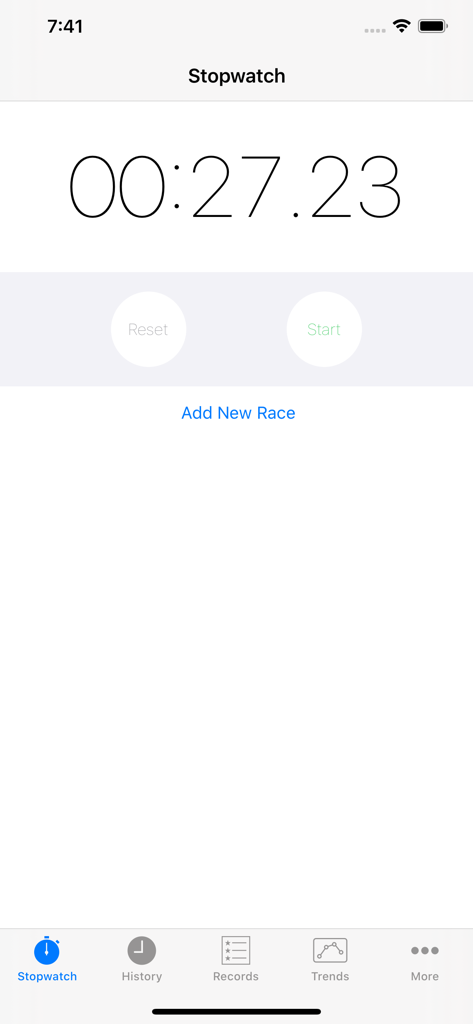 Stopwatch interface in the RaceKeeper Swim app showing a race time