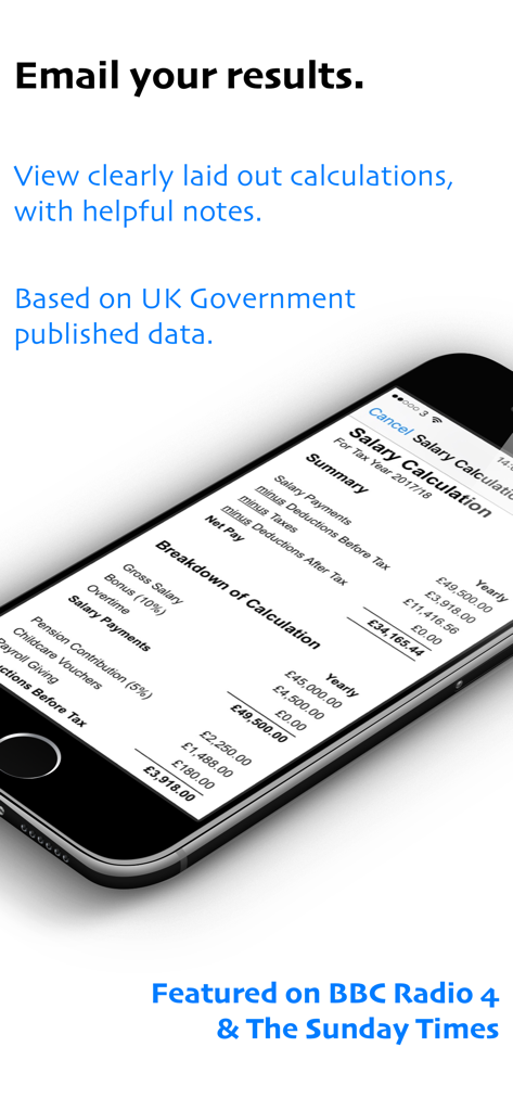 Desglose detallado del cálculo de salario del Reino Unido en la pantalla de un teléfono móvil con el pago bruto y el ingreso neto