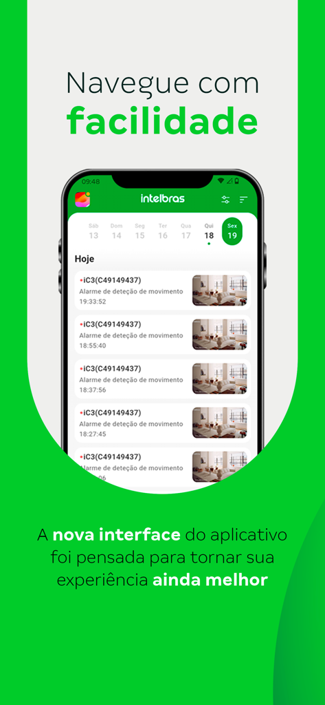 Mibo - Intelbras Miboアプリのインターフェースに、携帯電話上のセキュリティモーション検出アラートのタイムラインが表示されている