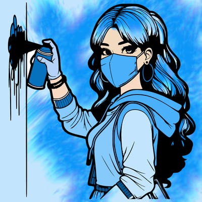 realistic girl with mask spray painting a wall