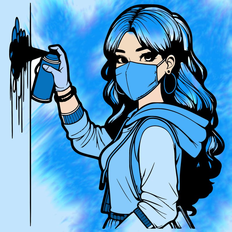 realistic girl with mask spray painting a wall