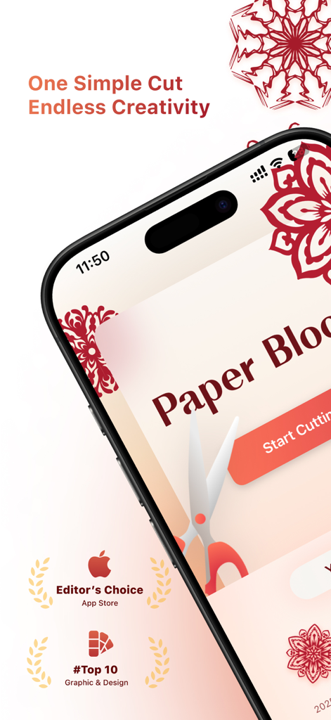 Paper Bloom - Paper Bloom app home screen featuring traditional Chinese papercutting designs and App Store Editor's Choice award.