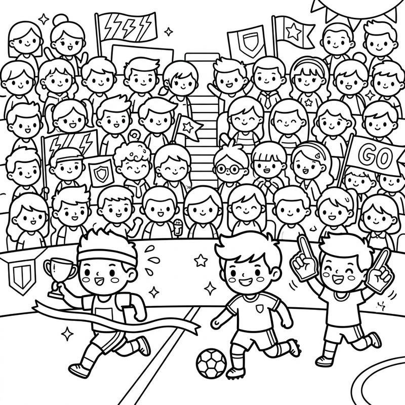 Get ready for a winning coloring adventure with this adorable sporting event scene! Designed for toddlers, this page features chunky lines and simple shapes, perfect for little hands to explore the joy of sports and coloring.
