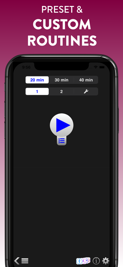 Simply Yoga - A mobile interface for the Simply Yoga app showing options to choose between 20, 30, or 40 minute routines and difficulty levels 1 or 2.