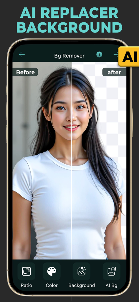 ポートレート写真の、比較前後の表示を示すAI背景リムーバー機能