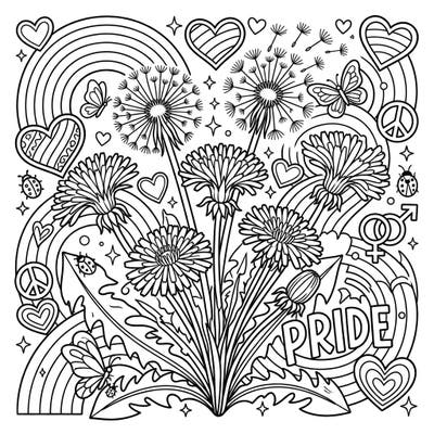 Embrace the spirit of Pride Month with this vibrant Dandelions coloring page, featuring beautiful blooms alongside symbols of love and diversity. It's a perfect way to celebrate nature's resilience and inclusivity through art.