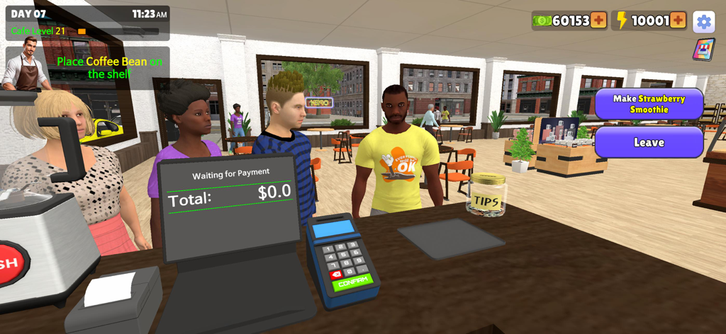 My Cafe Simulator - Visão em primeira pessoa de clientes esperando no balcão de checkout da cafeteria no My Cafe Simulator