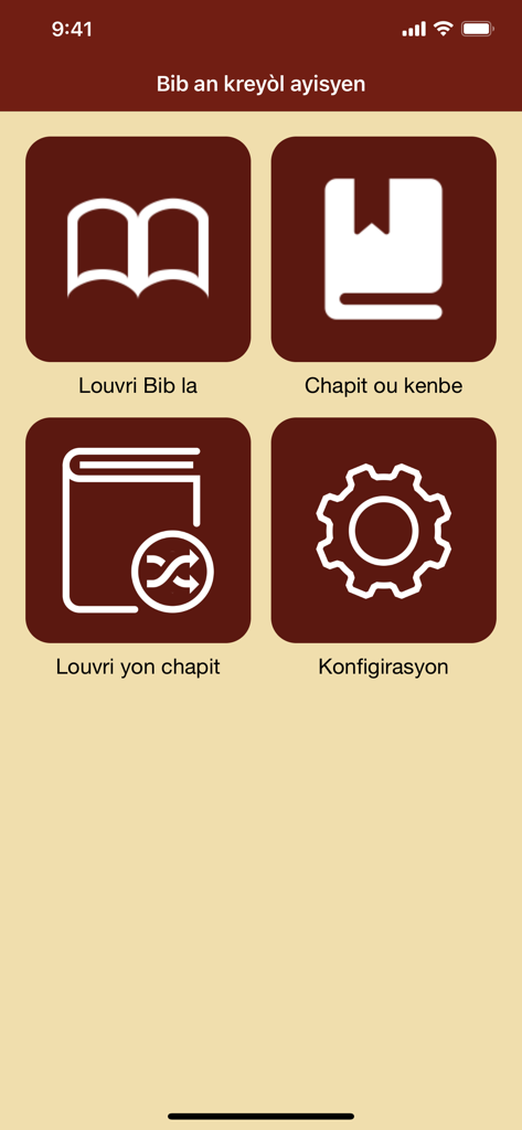 Main menu interface of the Haitian Creole Bible app featuring navigation icons for reading, bookmarks, and settings.