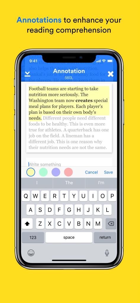 Newsela Student - Interfaz de la aplicación Newsela Estudiante que muestra herramientas de anotación y resaltado de texto para mejorar la comprensión lectora
