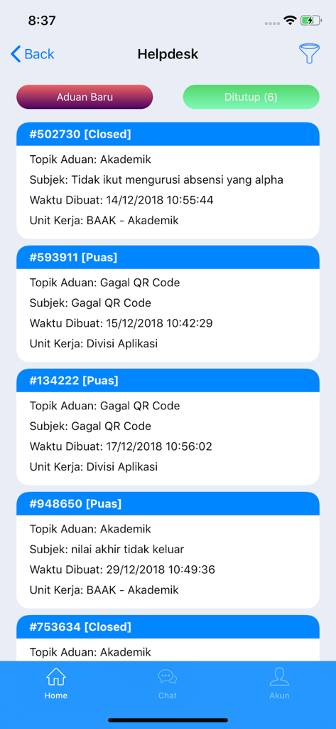 Sister For Student - La interfaz de soporte de la aplicación Sister For Student que muestra una lista de tickets de soporte académico y técnico.