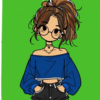 girl with a messy ponytail glasses a baggy crop top and jean shorts