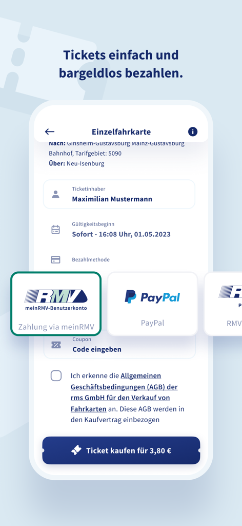 RMVgo - Pantalla de pago de billetes de la app móvil RMVgo con opción de pago por PayPal