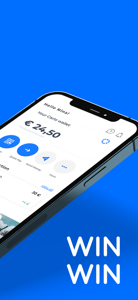 Carlo App - A smartphone displaying the Carlo App digital wallet with a cashback balance and quick payment options.
