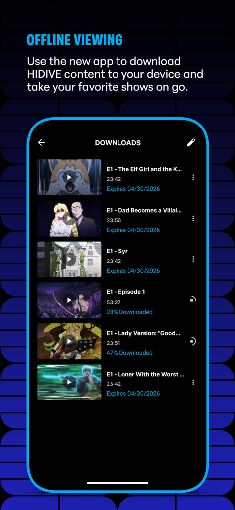 HIDIVE app interface showing the downloads screen for offline anime viewing.