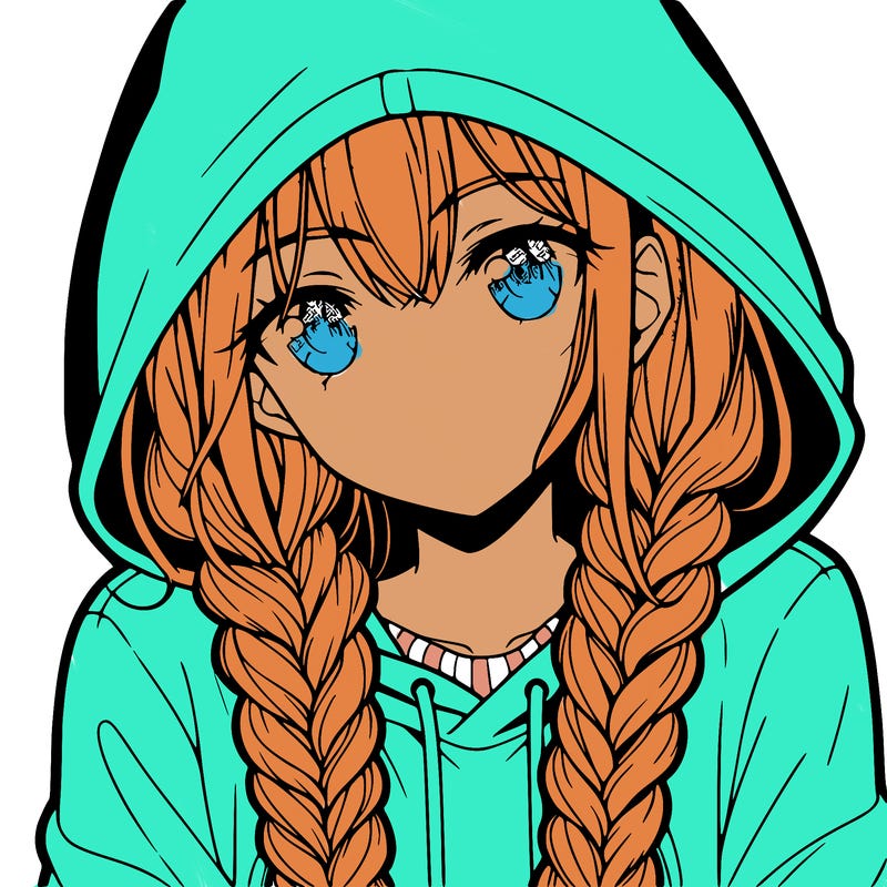 anime girl with long braids and hoodie
