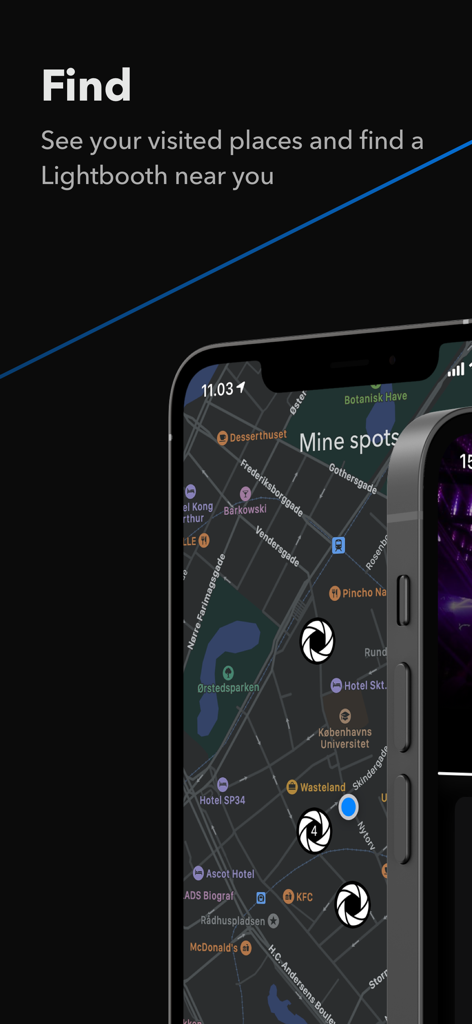 Mapa de la app Lightbooth que muestra ubicaciones de fotomatón cercanas.