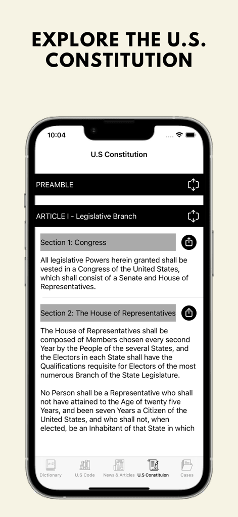 Law Dictionary & U.S Code - A mobile application interface displaying the text of Article I of the U.S. Constitution regarding the Legislative Branch and Congress.
