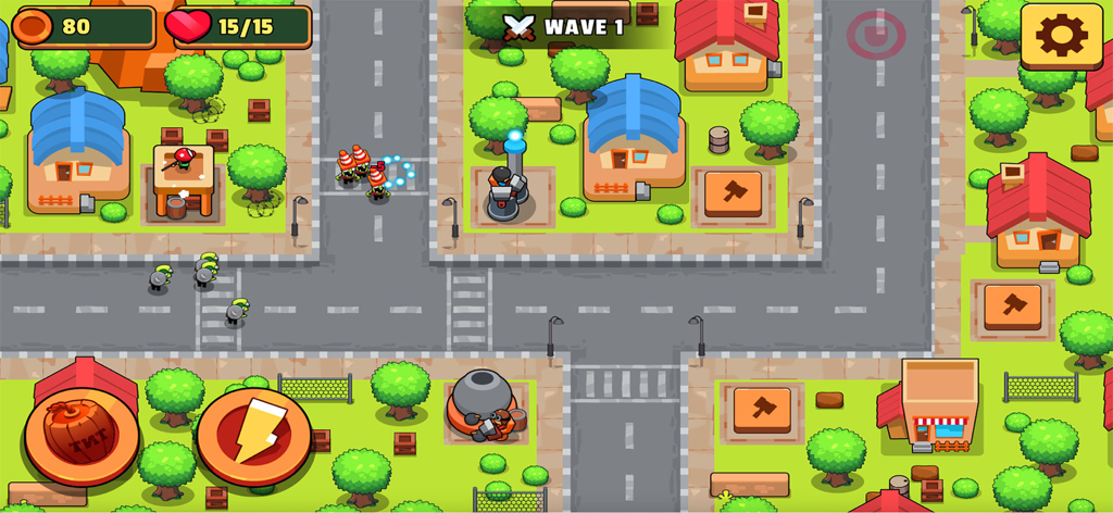 Zombie Tower Defense Game - Top down view of a suburban neighborhood under attack in a zombie tower defense game