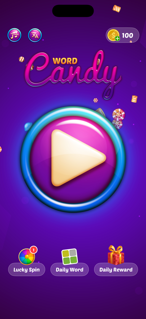 Main menu of the Word Candy puzzle game featuring a large play button and options for lucky spin daily word and daily rewards