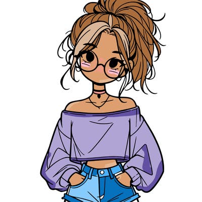 girl with a messy ponytail glasses a baggy crop top and jean shorts