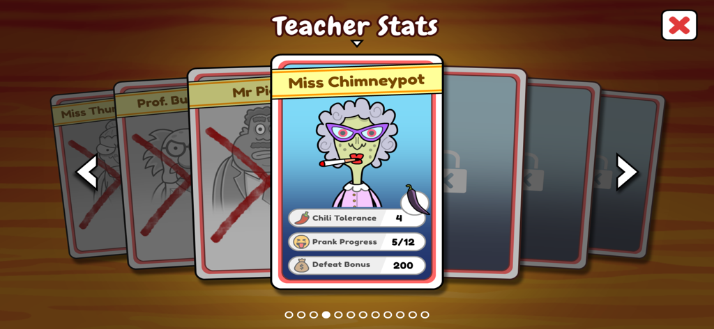 Feed the School! Cooking Chaos - A character card for Miss Chimneypot in the Teacher Stats menu showing her chili tolerance and prank progress