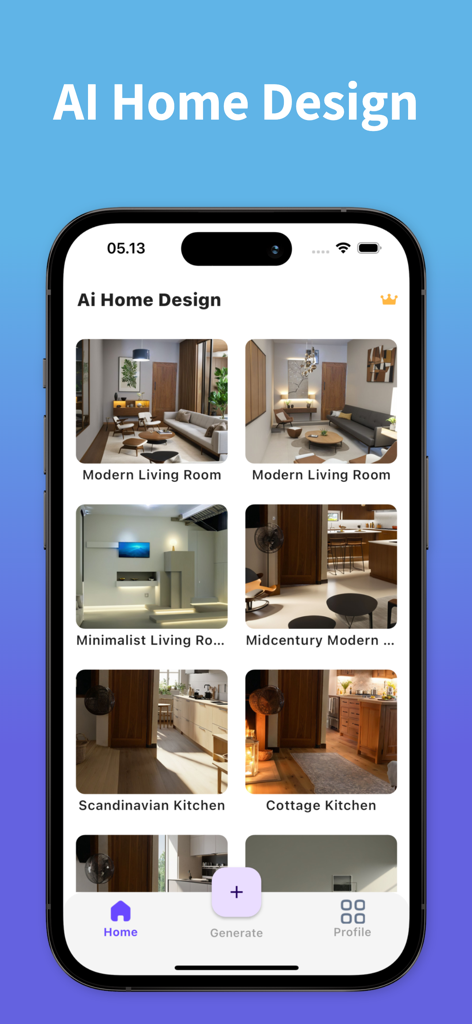 Ai Home Design app home screen displaying various interior design styles like modern and minimalist living rooms and kitchens