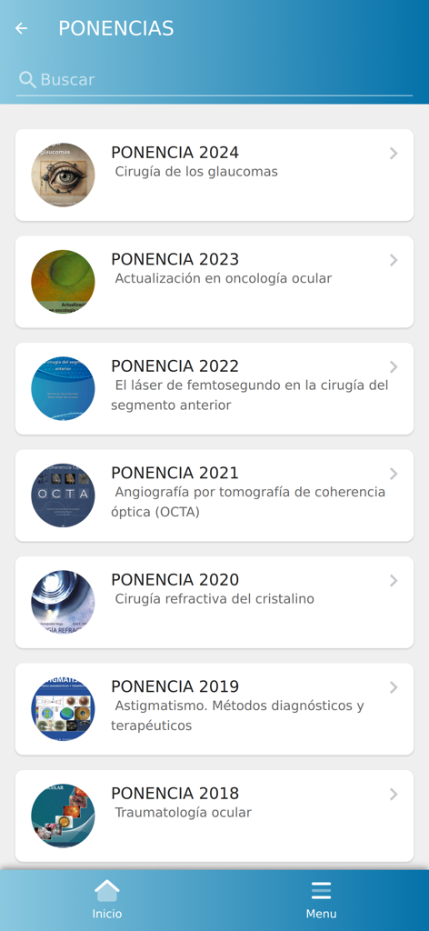 Lista de presentaciones anuales de oftalmología de 2018 a 2024 en la aplicación Biblioteca SEO