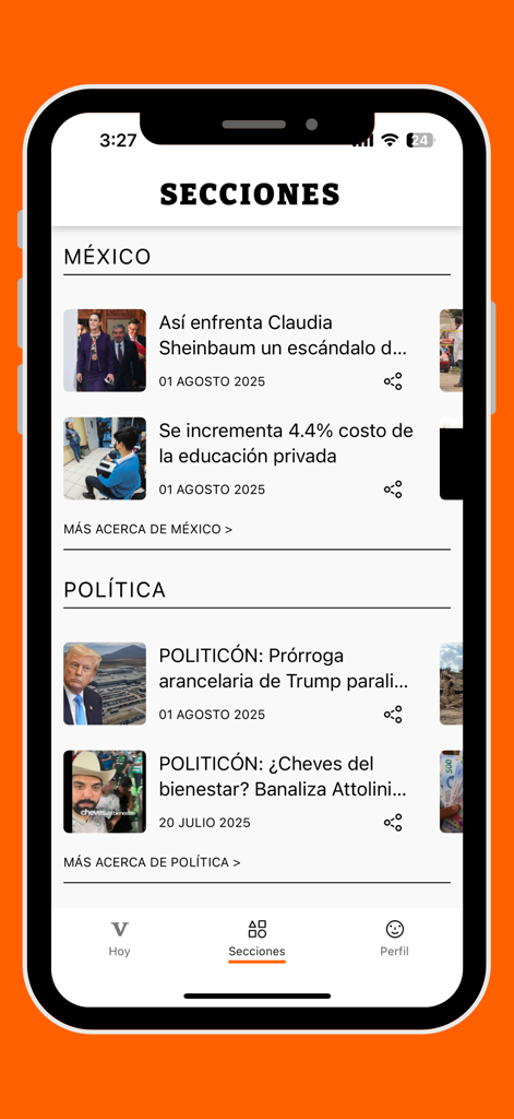 Interfaz de la aplicación Vanguardia que muestra categorías de noticias para México y Política con titulares y miniaturas.
