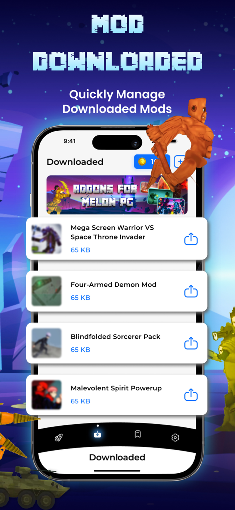 Addons for Melon PG - Interfaz de iPhone que muestra una lista de mods descargados para Melon PG, incluyendo paquetes de guerreros y hechiceros