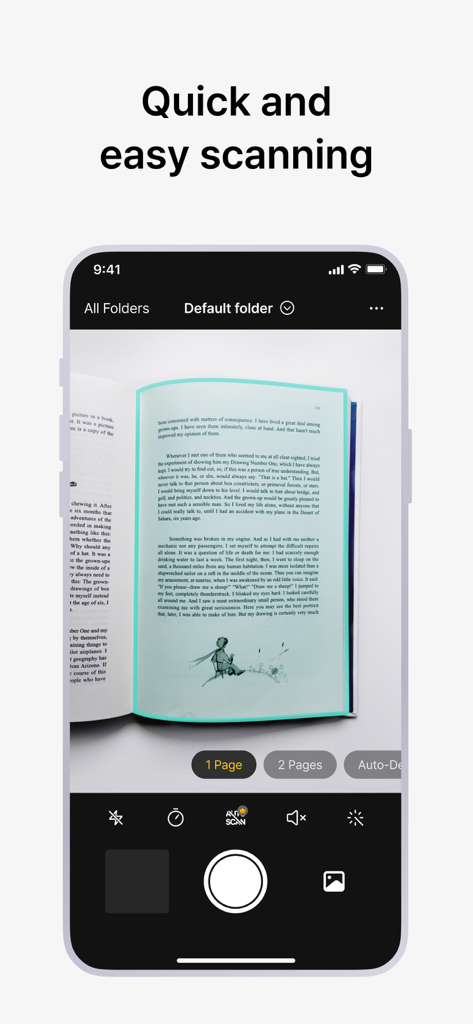 自動領域認識で書籍のページをスキャンするvFlatスキャンアプリのインターフェース