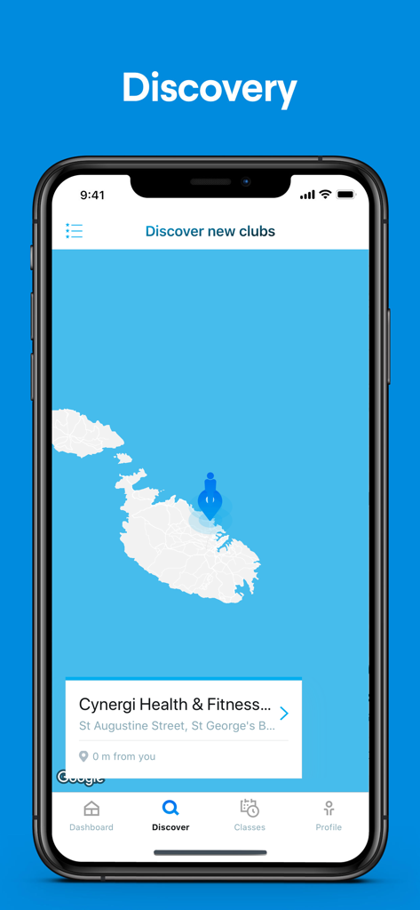 Cynergi - Cynergi mobile app discovery screen showing a gym location on a map for finding fitness clubs