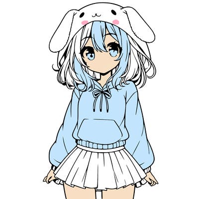 pretty anime girl wearing a fluffy hoodie with bunny ears on the hood and a skirt
