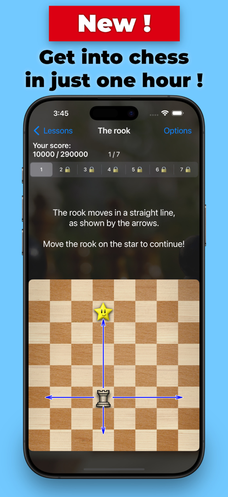 Chess Tiger Pro - A chess tutorial screen from the Chess Tiger Pro app teaching how the rook moves in a straight line on a wooden board.