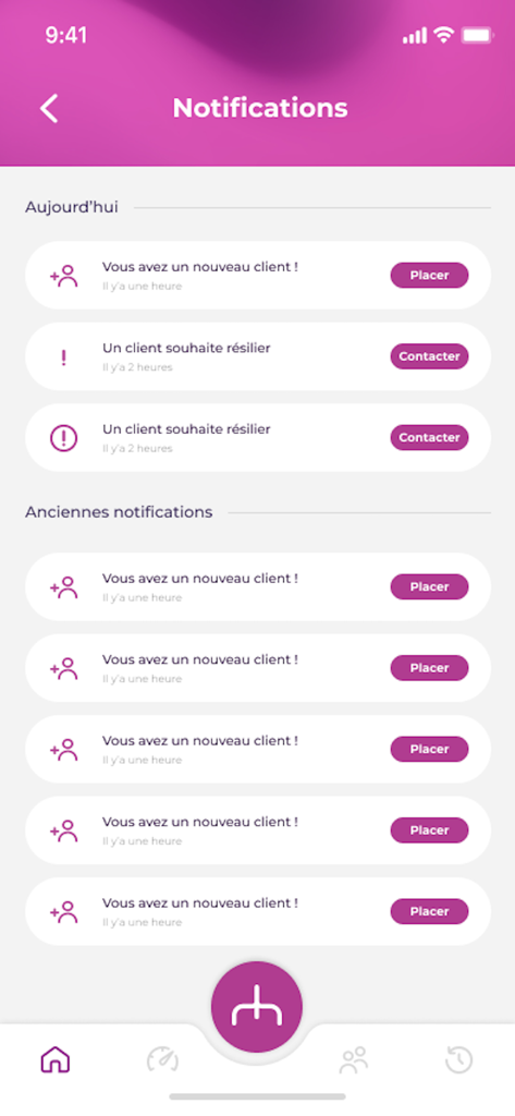 MyBiz - Notification screen of the MyBiz app showing new client alerts and management tools