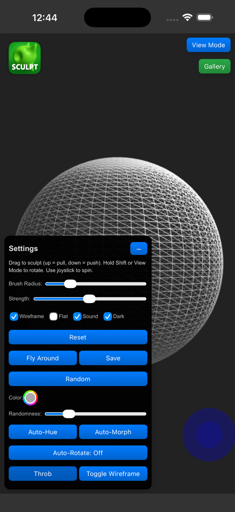 Panneau des paramètres de l'application Sculpt It montrant les commandes du pinceau et une sphère filaire 3D