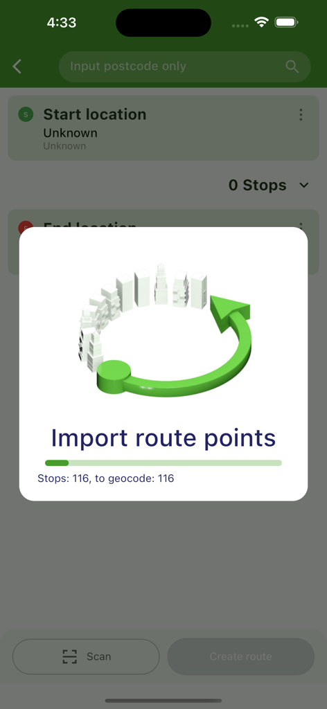Mobile app interface showing a progress modal for importing route points and geocoding delivery stops.