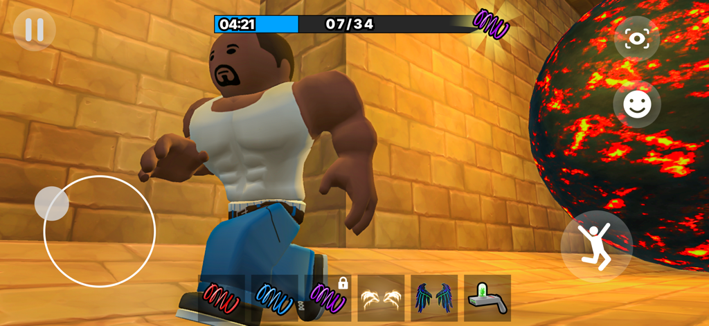 Personagem em blocos escapando de uma bola de lava gigante em um nível de jogo de aventura da prisão