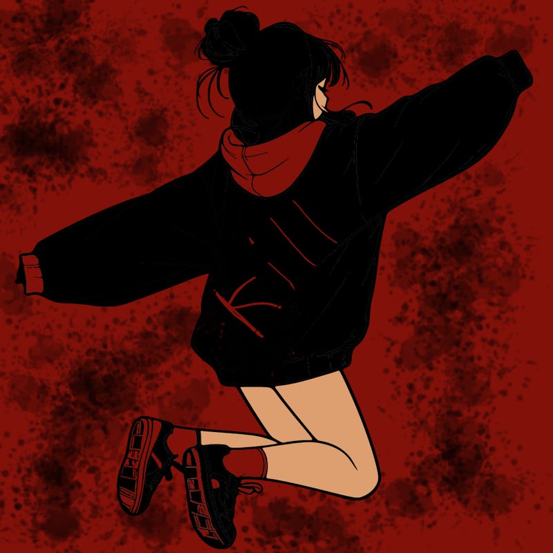 realistic girl jumping with a bun and oversized sweatshirt