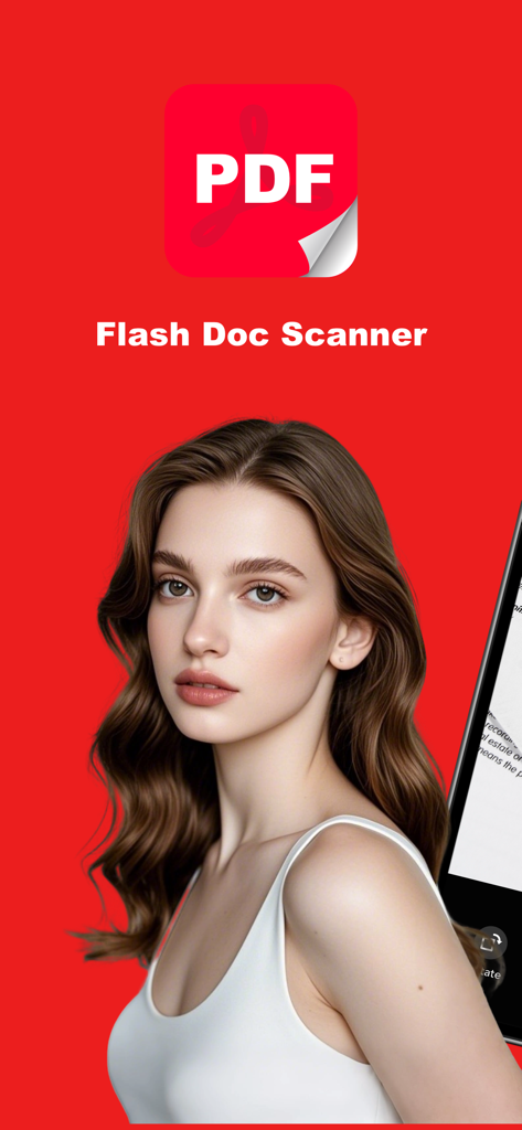 Flash Doc Scanner - PDF Maker - Flash Doc Scanner app splash screen featuring a PDF icon and a woman on a vibrant red background.