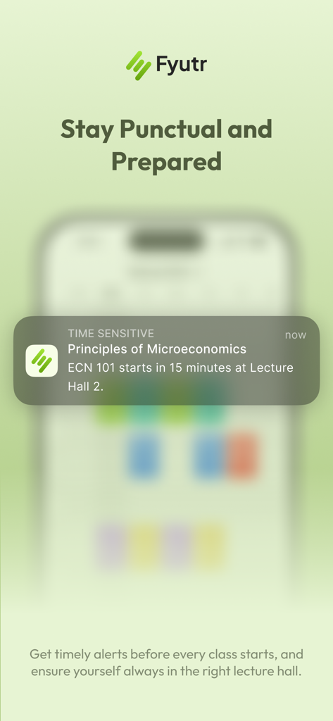 Fyutr - Student Calendar - Notification de l'application Fyutr pour un cours de microéconomie commençant bientôt dans l'amphithéâtre 2