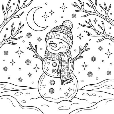 Step into a serene winter wonderland with this delightful snowman coloring page. Featuring a cheerful snowman under a starry night, it's perfect for a relaxing and imaginative coloring session.