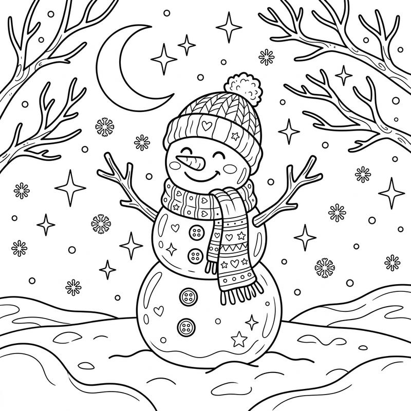 Step into a serene winter wonderland with this delightful snowman coloring page. Featuring a cheerful snowman under a starry night, it's perfect for a relaxing and imaginative coloring session.