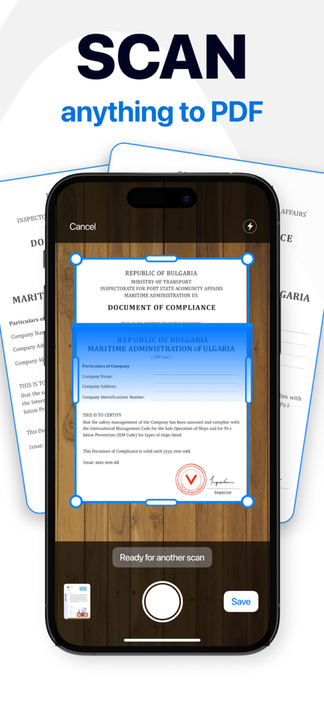PDF Scanner - Fax, Sign & Edit - Écran d'application iPhone montrant un document en cours de numérisation au format PDF