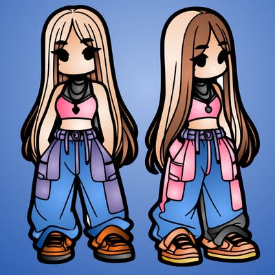 girl in baggy pants crop top and long hair