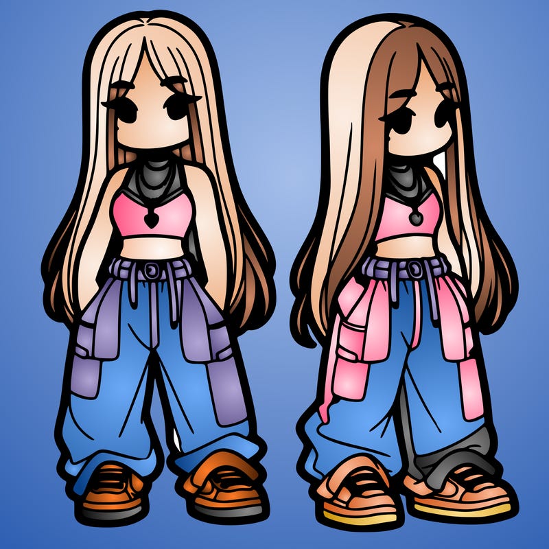 girl in baggy pants crop top and long hair