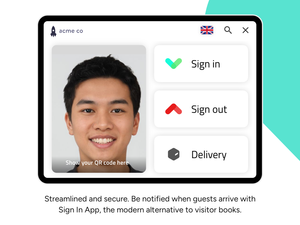 Sign In App Visitor Management - Digitale Besuchermanagement-Oberfläche auf einem iPad mit Optionen für Anmeldung, Abmeldung und Lieferung für einen Büroeingang.