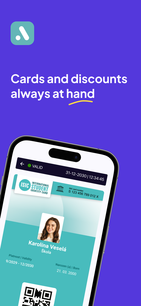 Alive App - Un écran de smartphone affichant une carte ISIC numérique dans l'application Alive