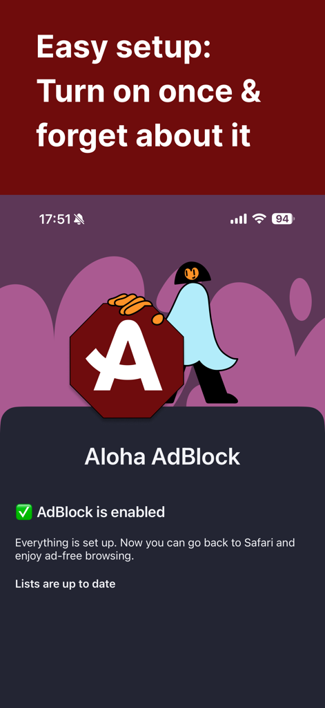 Aloha AdBlock - Block ads - Aloha AdBlock app interface showing a successful setup screen with a green checkmark confirming ad blocking is enabled for Safari.