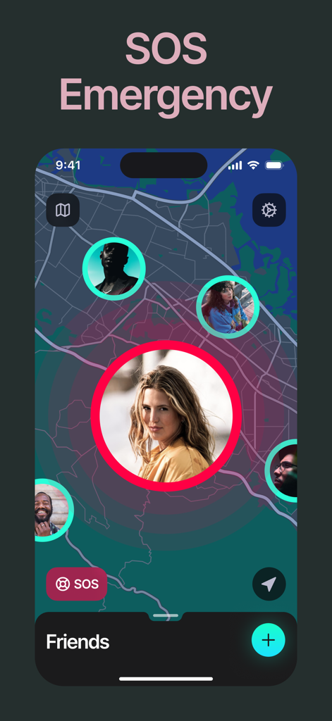 Interfaz de la aplicación Phone Tracker mostrando un mapa con las ubicaciones de amigos y una alerta de emergencia SOS activa