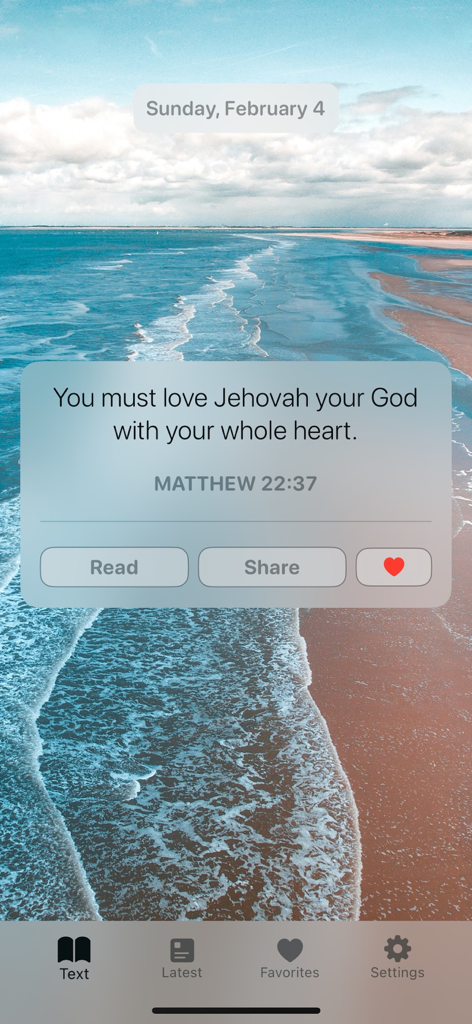 Daily Text with Jehovah - Daily Text with Jehovah app displaying Matthew 22:37 over a beach background